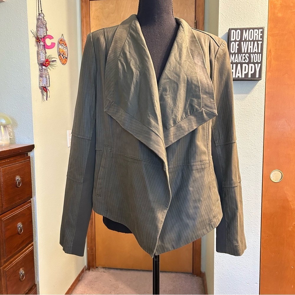 G.I.L.I open front drape cascading blazer jacket green leather size 12 fall